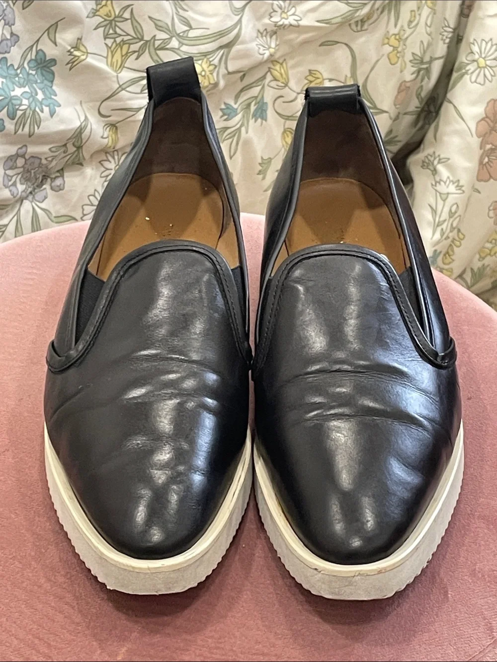 Everlane Black Leather Slip-On Loafers with Cream Platform Sole